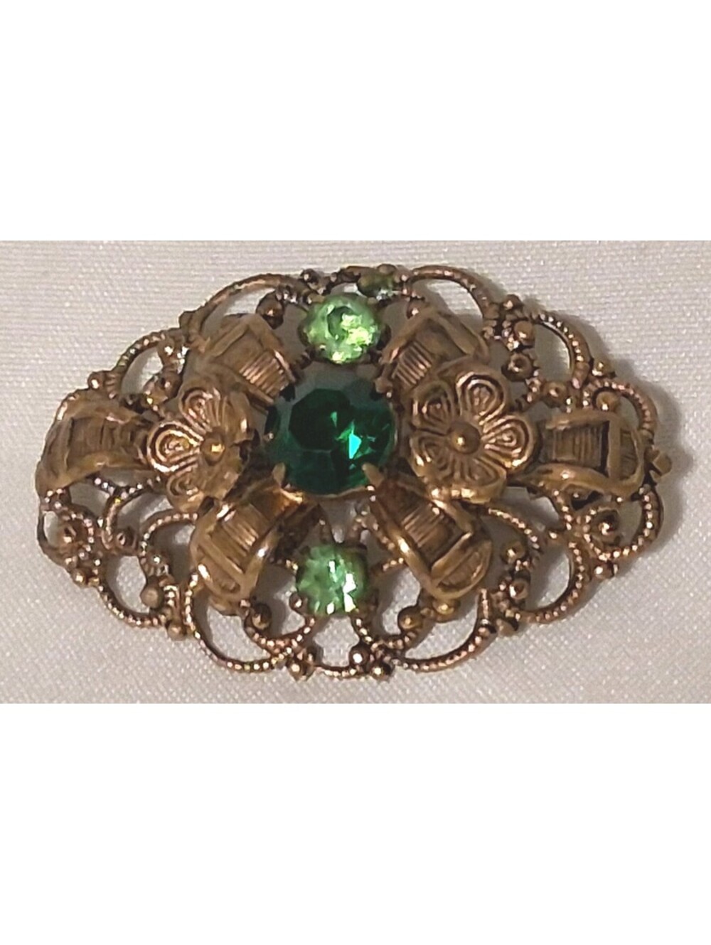 Vintage Czechoslovakian Green Rhinestone Filigree Open Work Brooch Pin